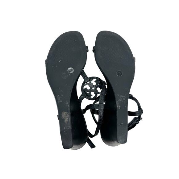 Tory Burch Miller Wedge Heels Sandals Black Leather Logo Sandals Size 8.5 - Picture 5 of 6